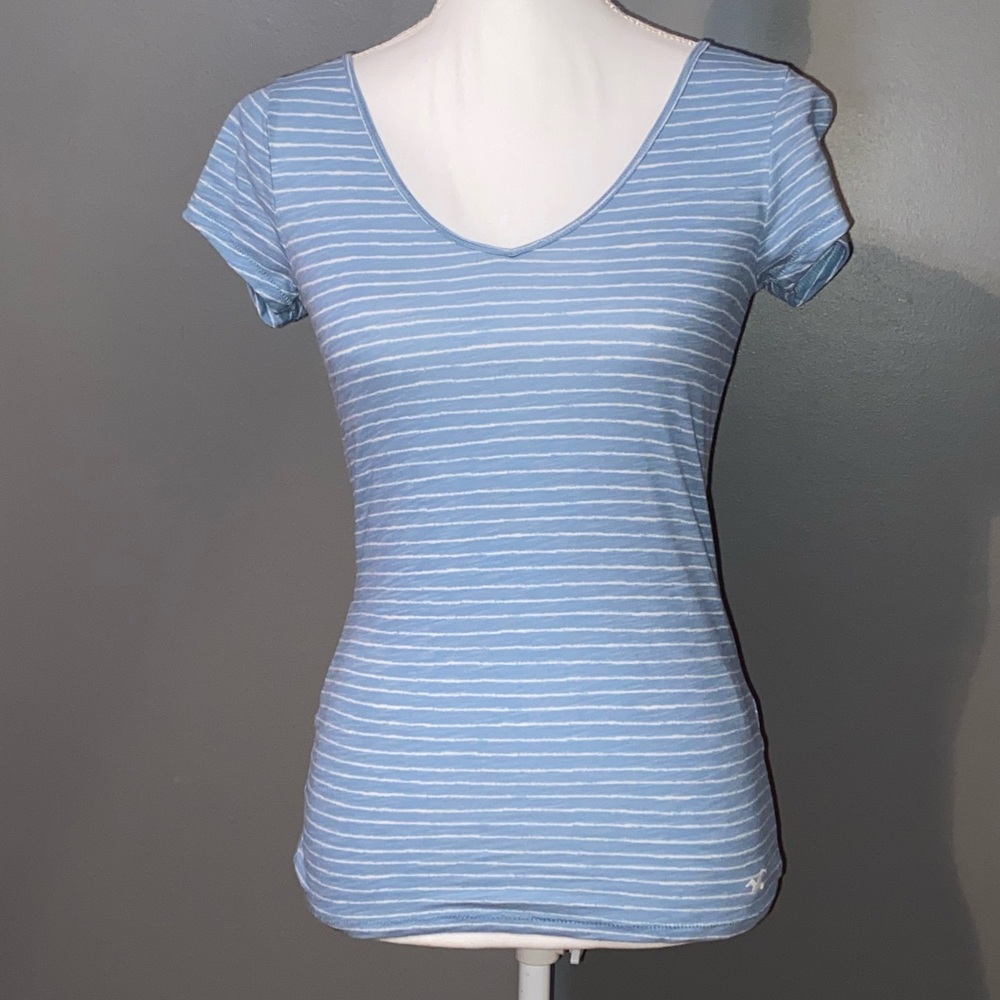 Hollister Light Blue and White Striped Tee
